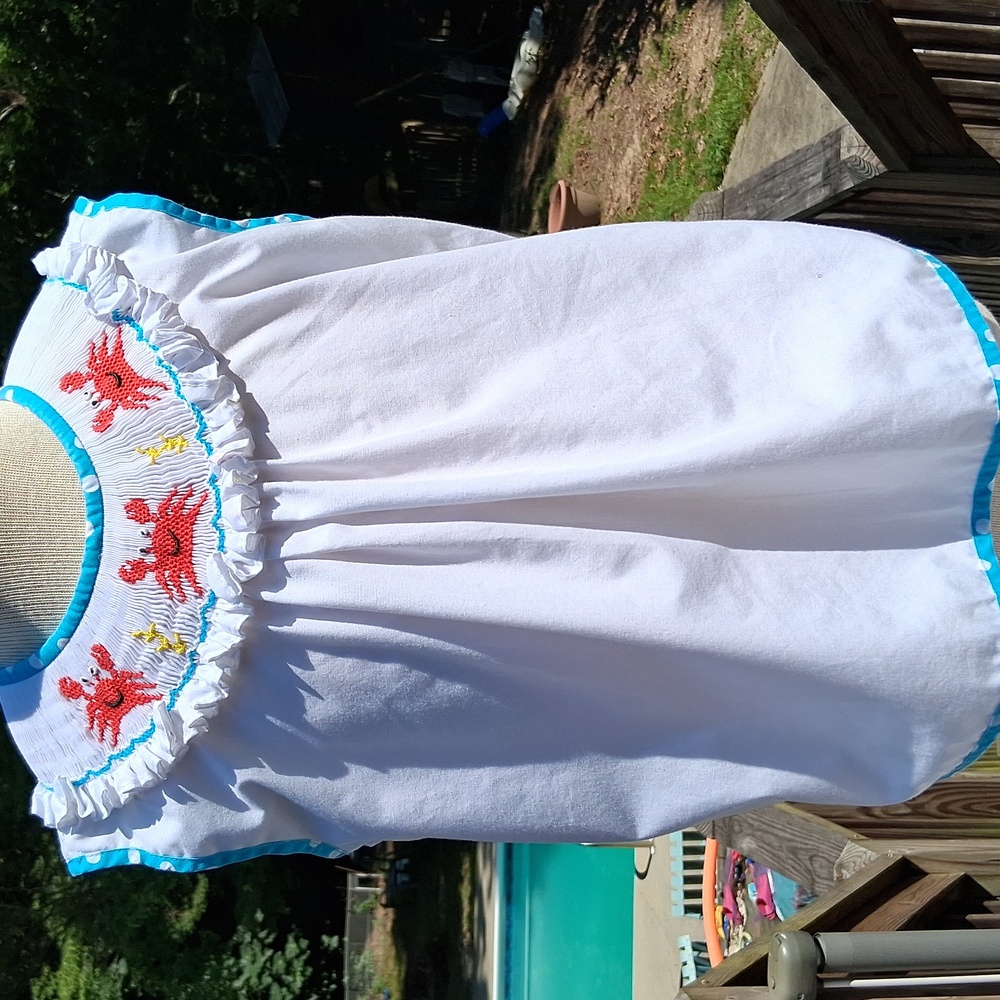 Girls' white & blue smocked top with Crab Embroidery, cotton, sz 6